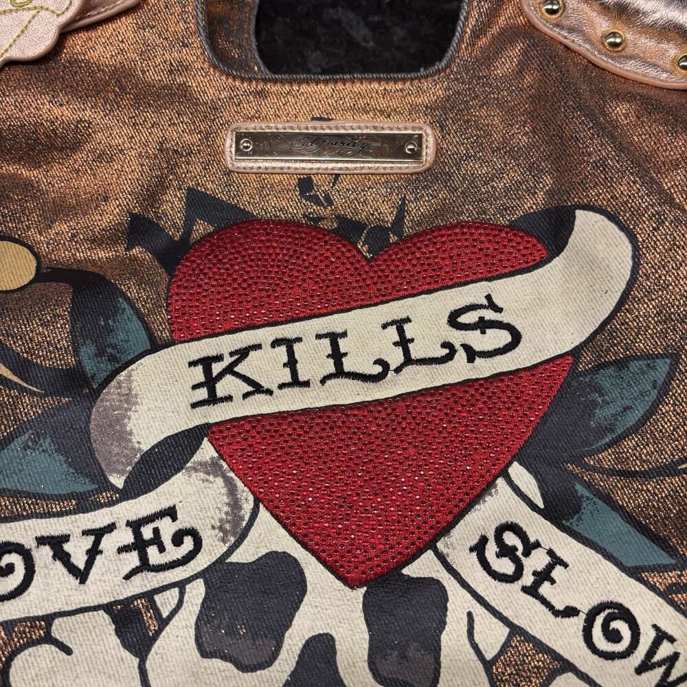 Vintage Y2K Ed Hardy Loves Kills Slowly Skull Roses Large Boho Purse Bag Bronze - Picture 4 of 9